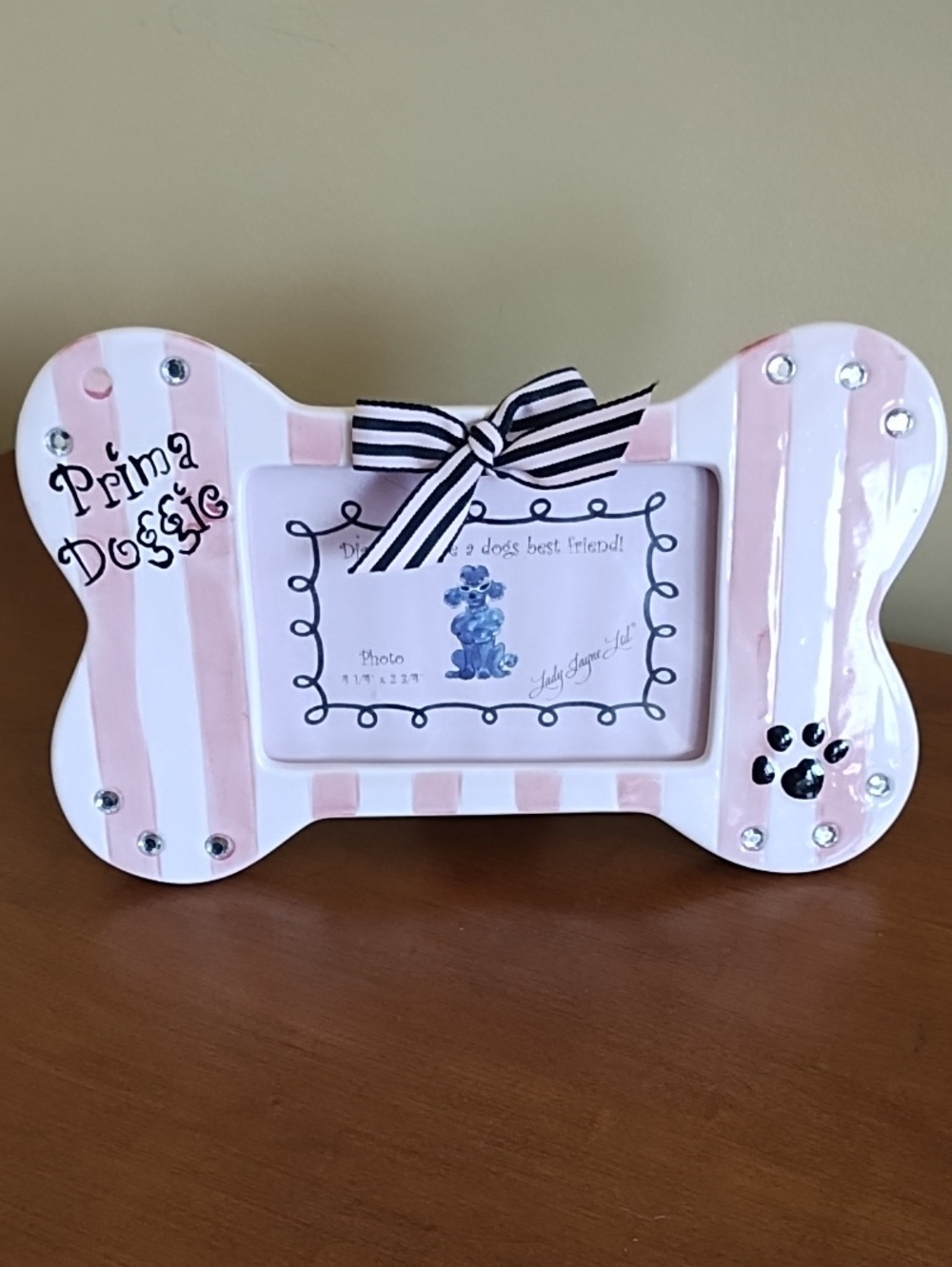 Lady Jayne Ltd Ceramic Dog Bone Picture Frame Pink Striped 3" x 4.75" Picture